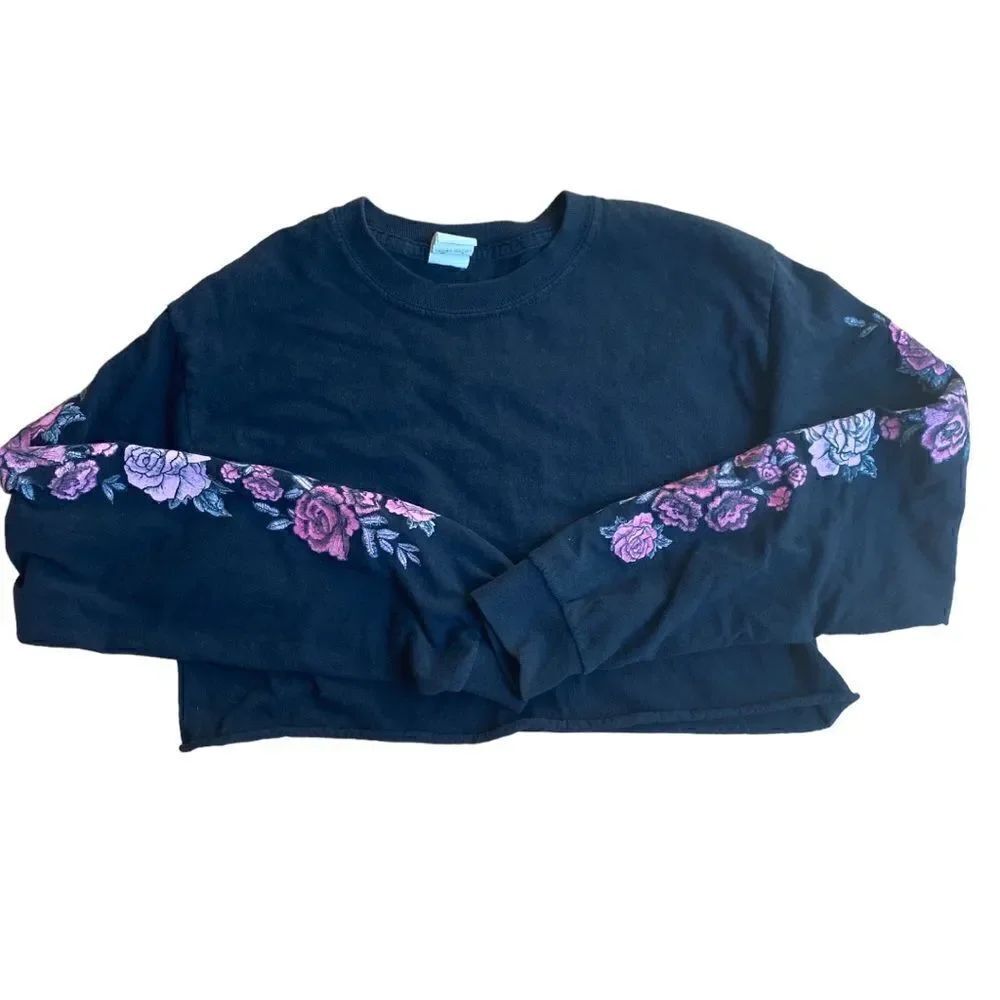 Crop Top Black Long Sleeve Floral Design Size Small
